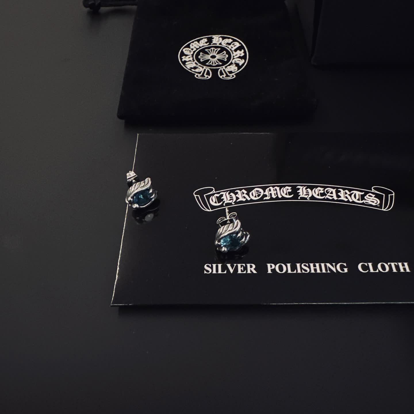 Chrome Hearts Chroma Charts Silver Blue Gemstone Stud Earrings